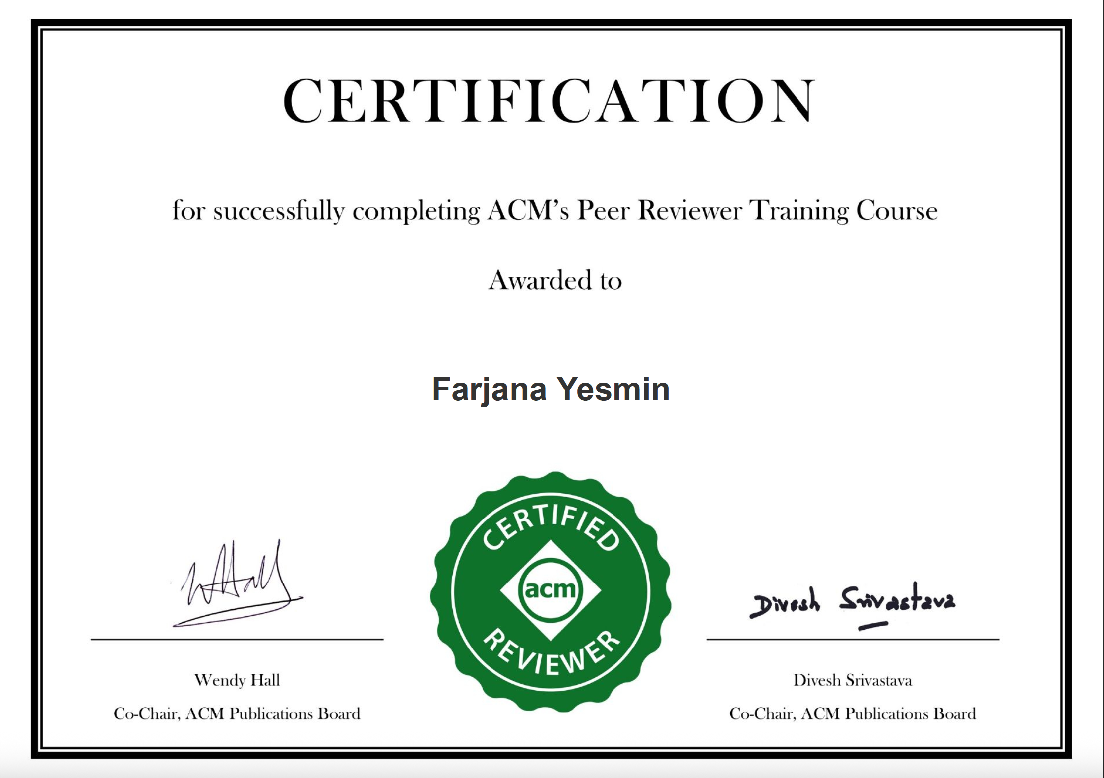 ACM Peer Reviewer Training Certificate